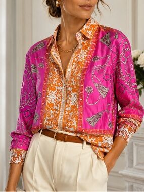 MAEVE Anthropologie 100% Silk Scarf Print Button-Up Blouse Size 2